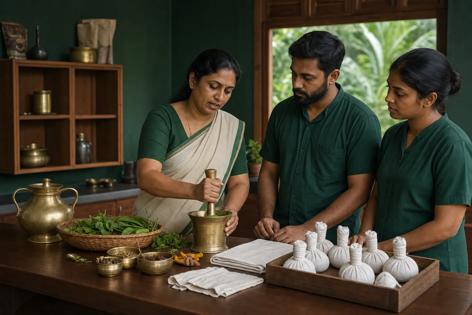 An Ayurvedic physician demonstrating Kizhi preparation to two adult trainees
