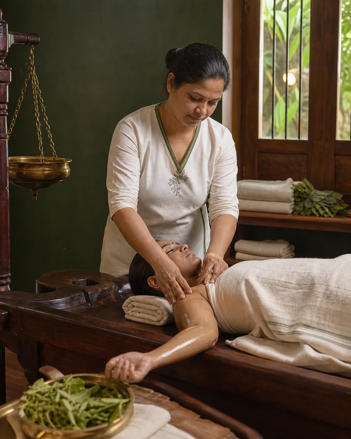 A therapist performing Abhyanga in a calm Ayurvedic treatment room