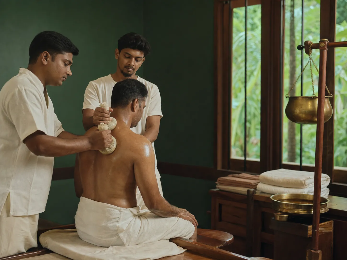 Two therapists performing a supervised Kizhi treatment