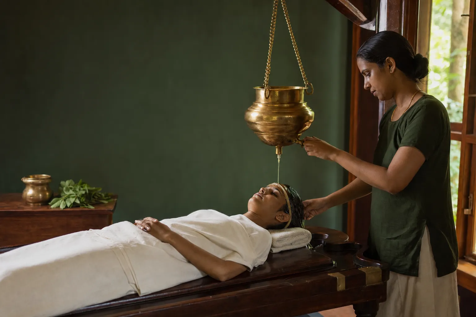A therapist administering Shirodhara in a traditional Ayurvedic treatment room